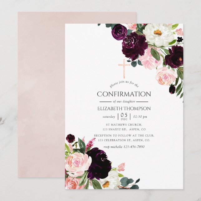 Invitation Confirmation Fleurie Rose Pâle et Bourgogne (Devant / Derrière)