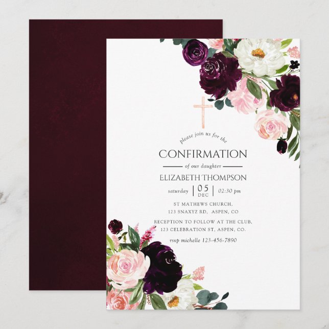 Invitation Confirmation Fleurie Rose Pâle et Bourgogne (Devant / Derrière)