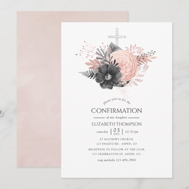 Invitation Confirmation Fleurie Rose Pâle et Charbon de Bois (Devant / Derrière)