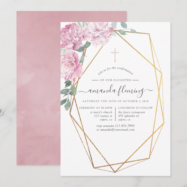 Invitation Confirmation Fleurie Rose Pâle Géométrique (Devant / Derrière)
