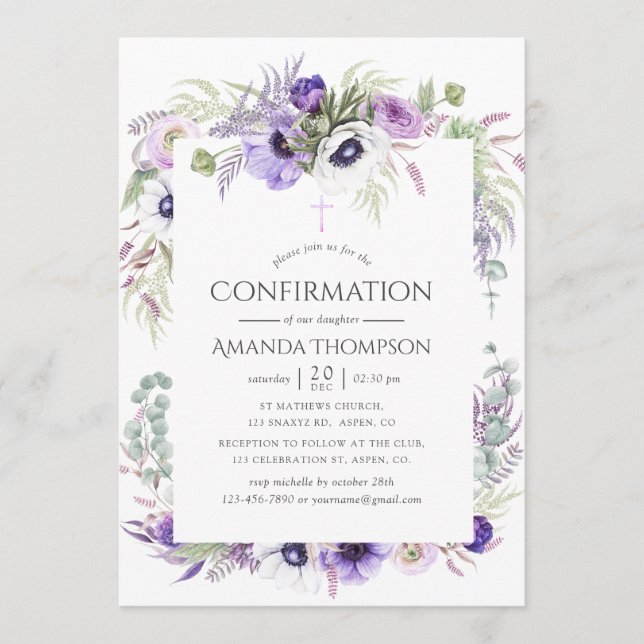 Invitation Confirmation Fleurie Violet Poussiéreux (Devant)