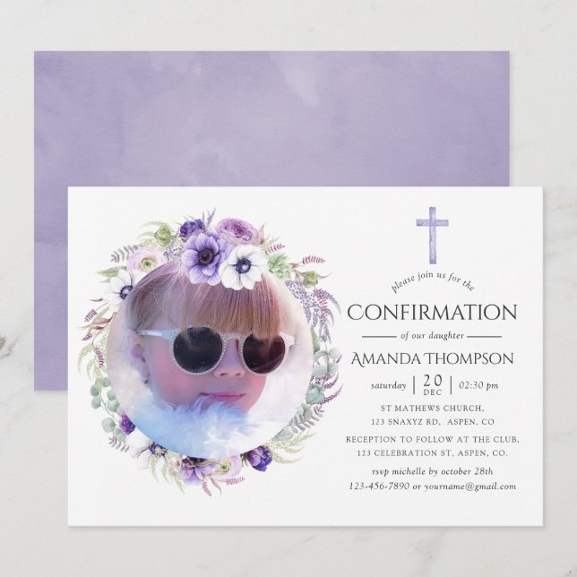Invitation Confirmation Fleurie Violet Poussiéreux (Devant / Derrière)