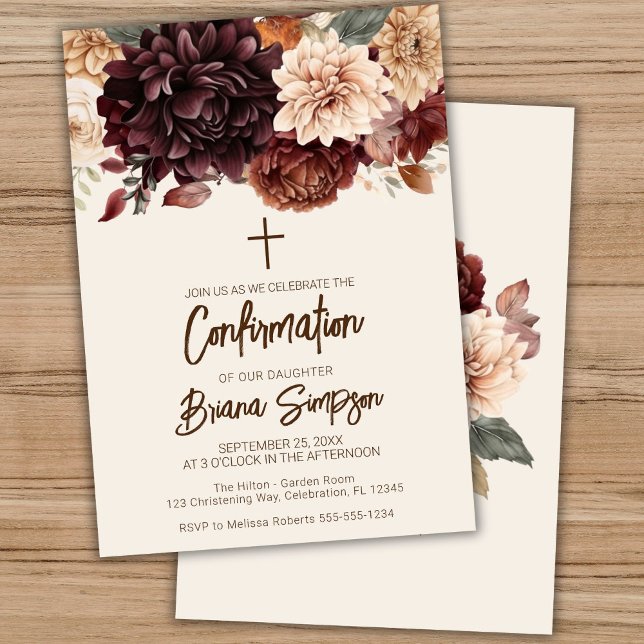 Invitation Confirmation Fleurs Beige Brun Ivoire Floral (Créateur téléchargé)