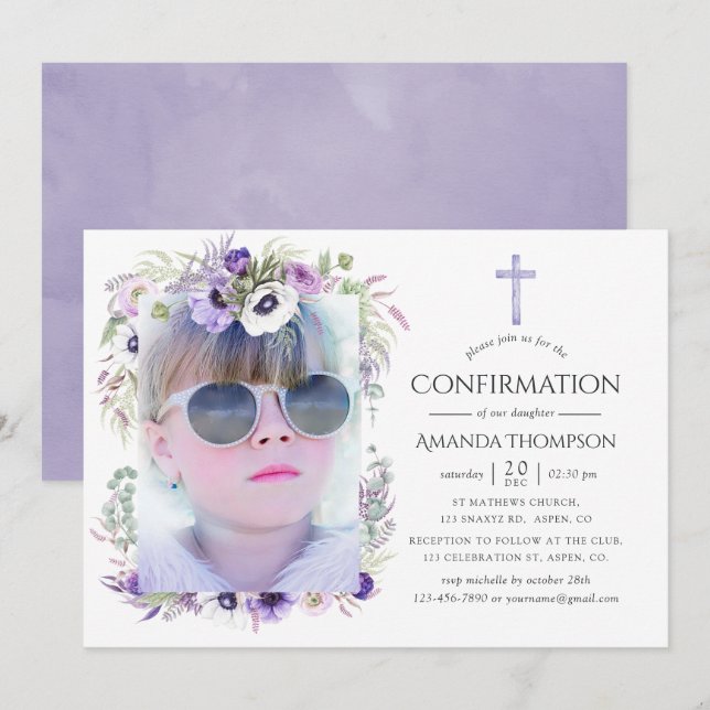 Invitation Confirmation florale de violet poussiéreux (Devant / Derrière)