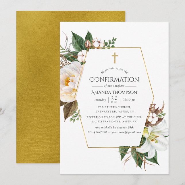 Invitation Confirmation Florale Géométrique en Or (Devant / Derrière)