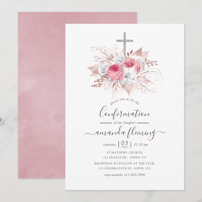 Invitation Confirmation florale or et rose (Devant / Derrière)