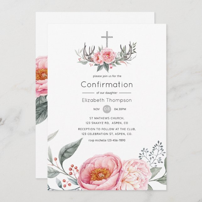 Invitation Confirmation florale Pastel Pink and Grey Boho (Devant / Derrière)