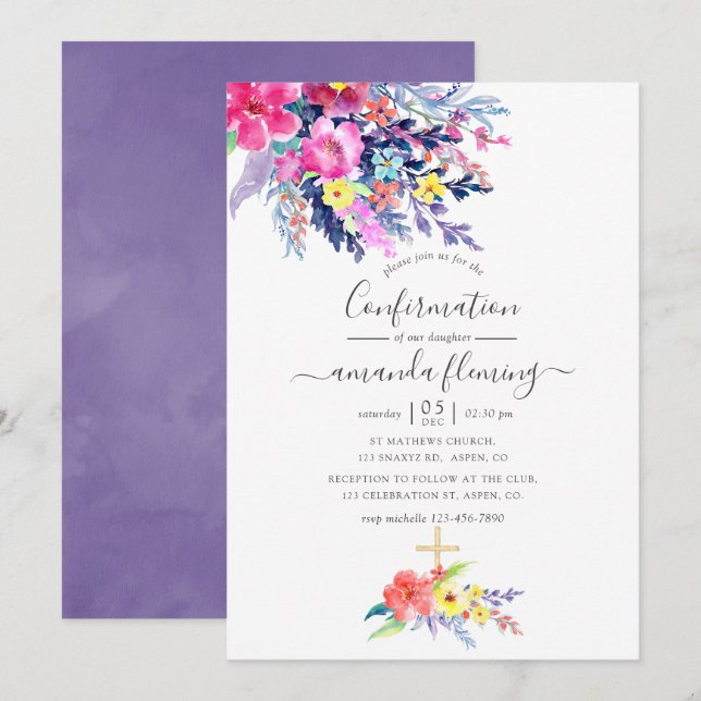 Invitation Confirmation florale printanière aquarelle colorée (Devant / Derrière)