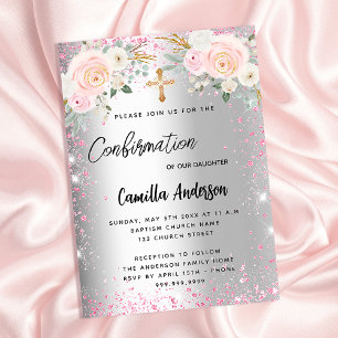 Invitation Confirmation florale rose argent fille pétille