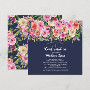Invitation Confirmation florale rose de la marine moderne