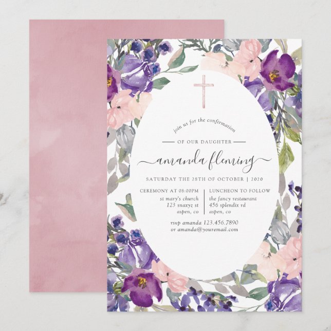 Invitation Confirmation florale rose et prune (Devant / Derrière)