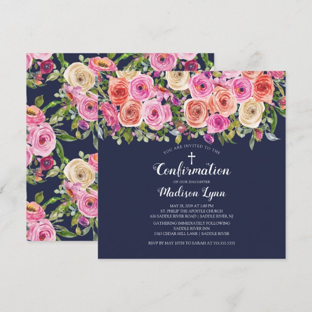 Invitation Confirmation florale rose marine moderne (Devant / Derrière)