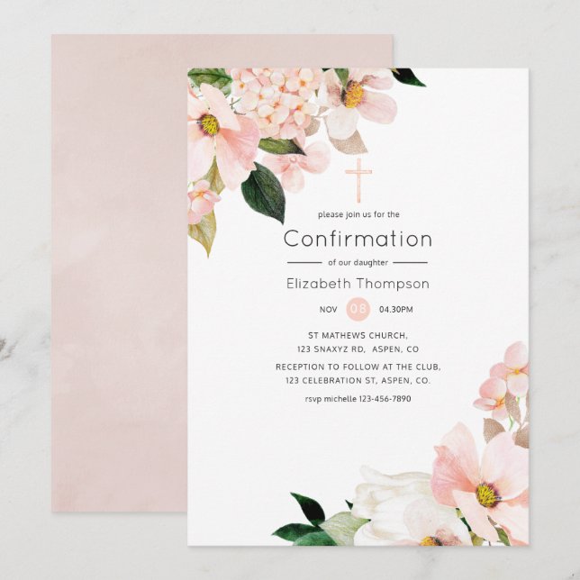 Invitation Confirmation florale rose pastel aquarelle (Devant / Derrière)