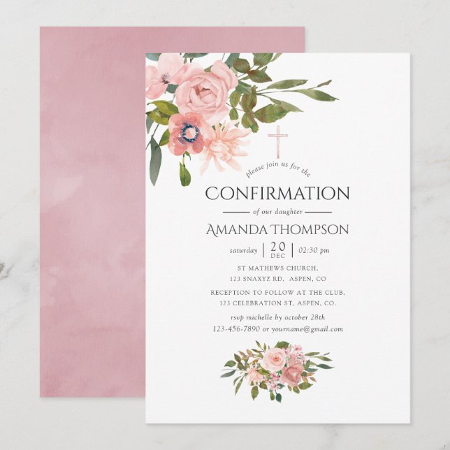 Invitation Confirmation florale rose poudré et or rose (Devant / Derrière)