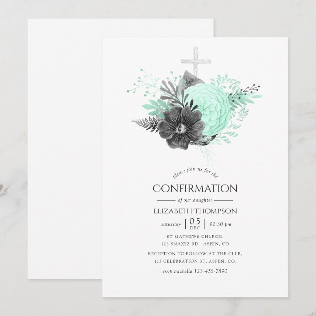 Invitation Confirmation Florale Rustique Aqua et Charbon (Devant / Derrière)