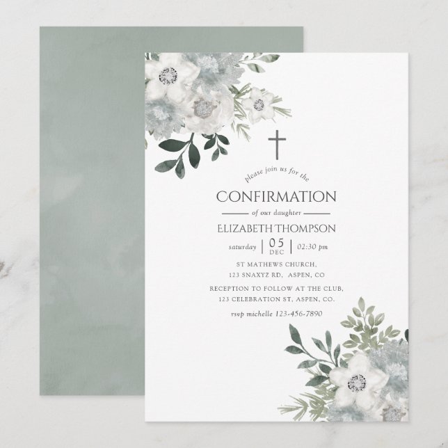 Invitation Confirmation florale sauge argent aquarelle (Devant / Derrière)