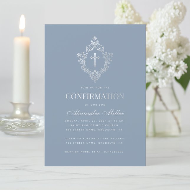 Invitation Confirmation Garçon Bleu Dusty Faux Argent Crest (Créateur téléchargé)