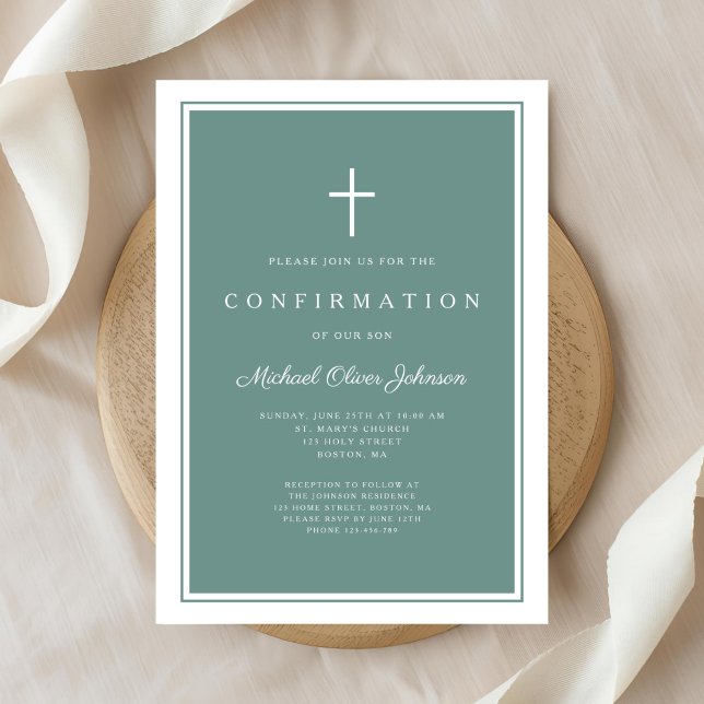 Invitation Confirmation Garçon Croix Verte Moderne (Modern Green Cross Boy Confirmation Invitation)