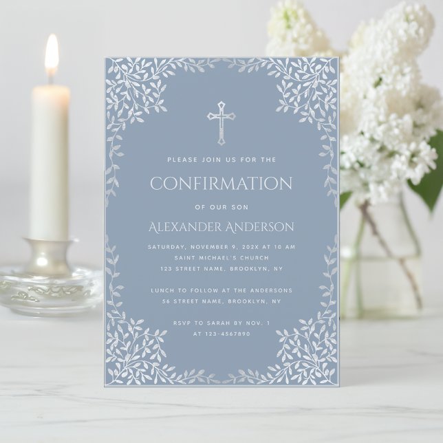 Invitation Confirmation Garçon Dusty Bleu Élégant Feuilles d' (Créateur téléchargé)