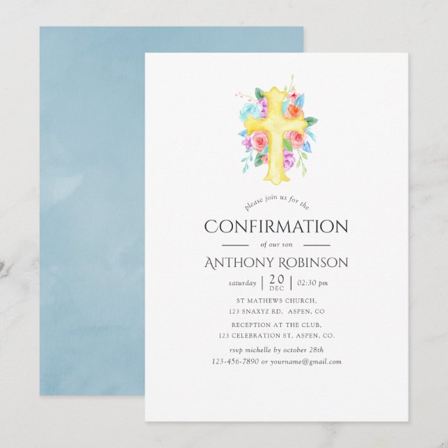 Invitation Confirmation garcon floral aquarelle pastel (Devant / Derrière)
