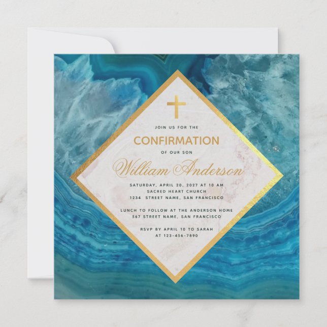 Invitation Confirmation Garçon Géode Bleu Marbre Faux Gold Cr (Devant)