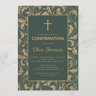 Invitation Confirmation Garçon Gold Croix Vert Vintage Chardo