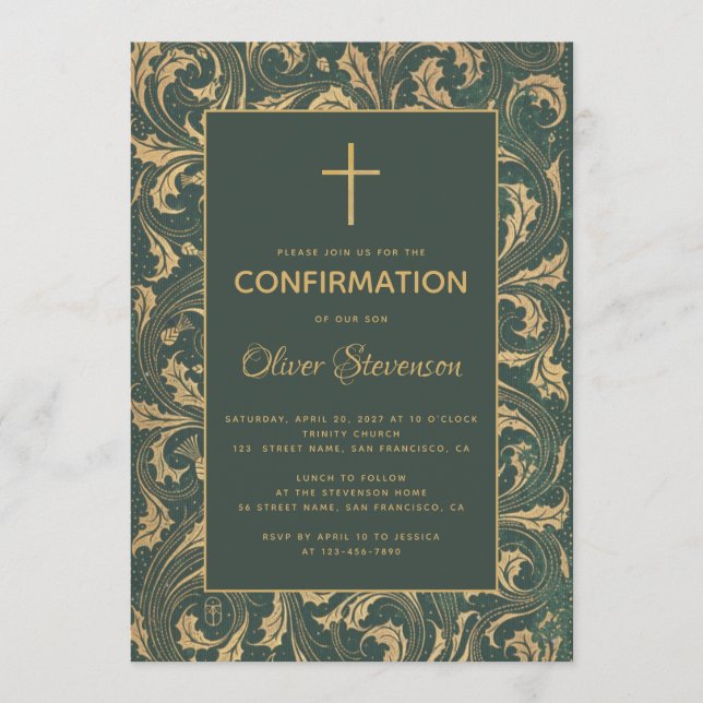 Invitation Confirmation Garçon Gold Croix Vert Vintage Chardo (Devant)