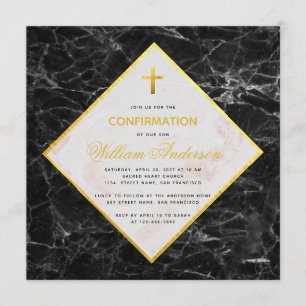 Invitation Confirmation Garçon Marbre noir blanc Faux Gold Fo