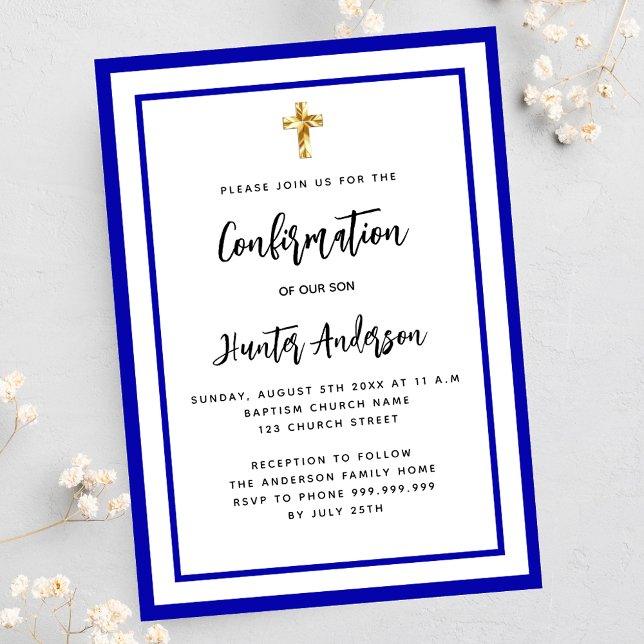 Invitation Confirmation garçon royal bleu blanc luxe (Créateur téléchargé)