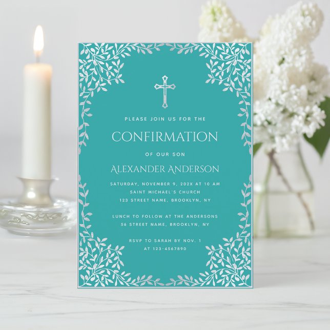 Invitation Confirmation Garçon Turquoise Faux Argent Feuilles (Créateur téléchargé)