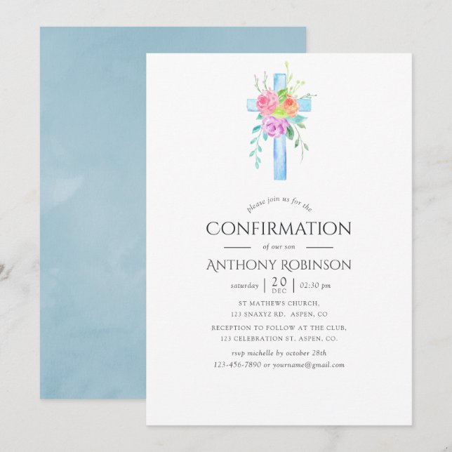 Invitation Confirmation garçons florale aquarelle pastel (Devant / Derrière)