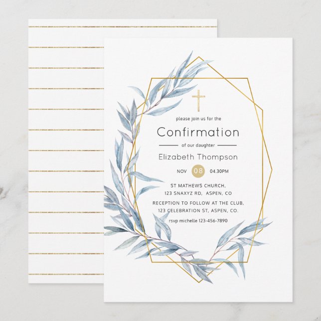 Invitation Confirmation géométrique bleu et or à feuille d'eu (Devant / Derrière)