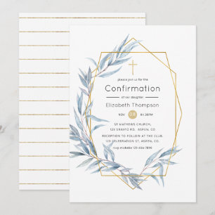 Invitation Confirmation géométrique bleu et or à feuille d'eu