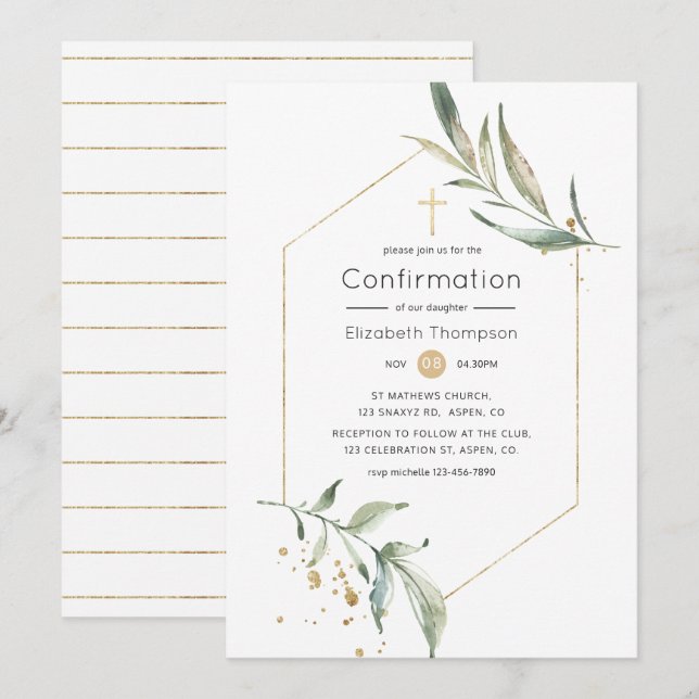 Invitation Confirmation Géométrique de Verdure et de Paillett (Devant / Derrière)