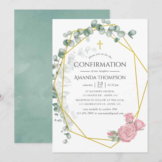 Invitation Confirmation Géométrique Eucalyptus Rose (Devant / Derrière)