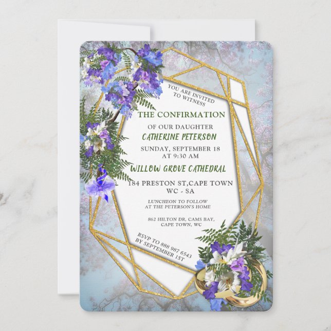 Invitation Confirmation géométrique Gold & Jacaranda Flowers (Devant)