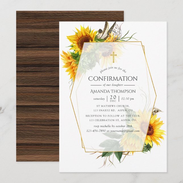 Invitation Confirmation géométrique rustique au tournesol aqu (Devant / Derrière)