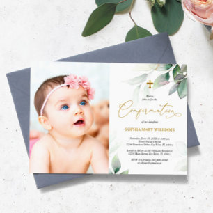 Invitation Confirmation Green Eucalyptus & Gold Photo Girl