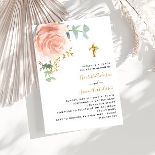 Invitation Confirmation jumeaux filles rose croix florale lux
