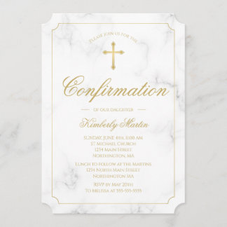 Invitation Confirmation Marble Elegant Gold Cross Script Girl