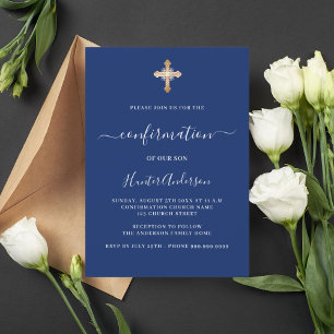 Invitation Confirmation marine bleu blanc garçon croix or