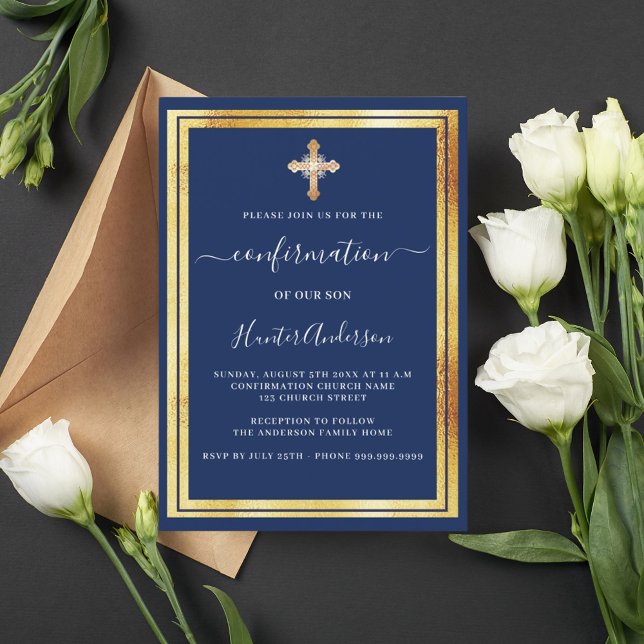 Invitation Confirmation marine bleu or croix or de luxe (Créateur téléchargé)
