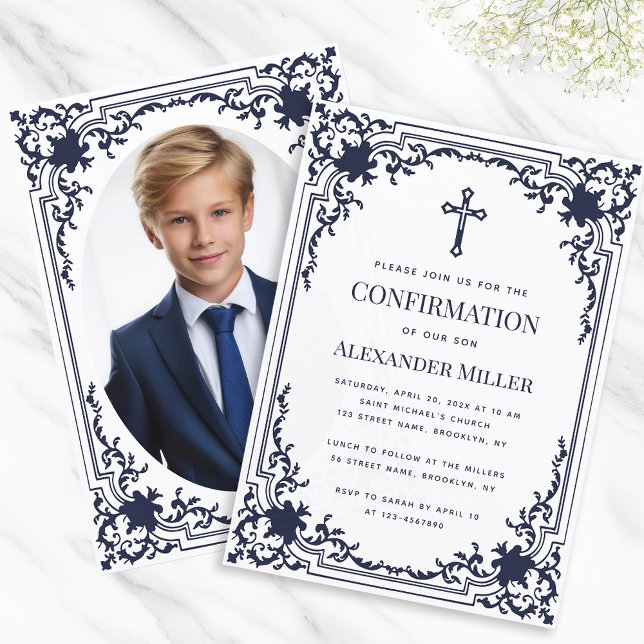 Invitation Confirmation Marine Blue Boy Photo Vintage Élégant (Créateur téléchargé)