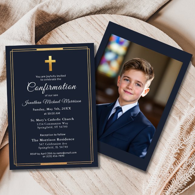 Invitation Confirmation Marine Blue Gold Photo Boy (Créateur téléchargé)