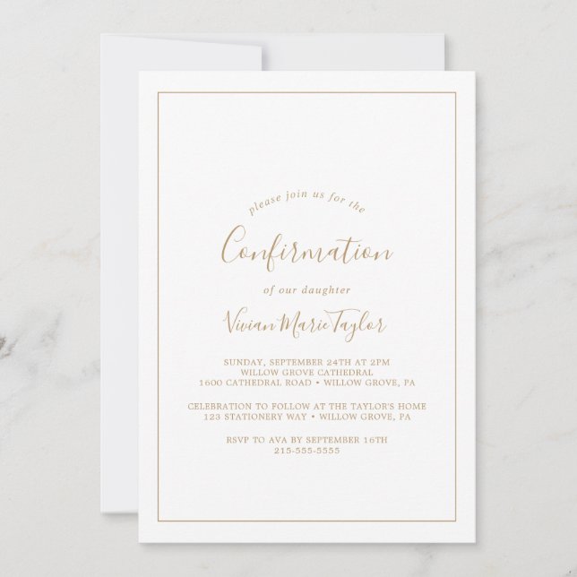 Invitation Confirmation minimaliste d'or (Devant)