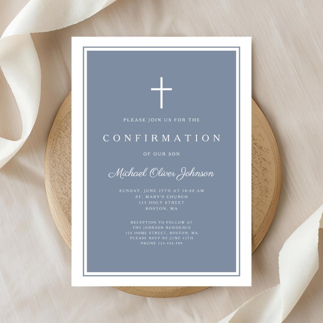 Invitation Confirmation Moderne de Croix Bleue Poussiéreuse p (Modern Dusty Blue Cross Boy Confirmation Invitation)