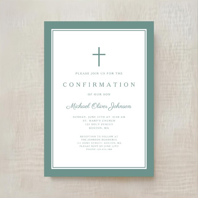 Invitation Confirmation Moderne de Garçon Croix Verte (Modern Green Cross Boy Confirmation Invitation)