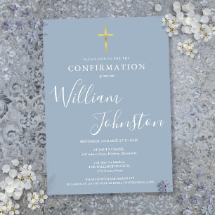 Invitation Confirmation moderne Elegant Gold Cross Dusty Blue