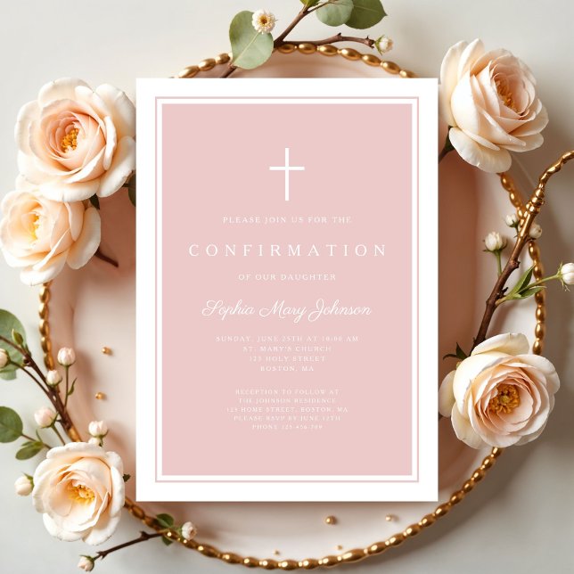 Invitation Confirmation moderne fille croix rose poudrée (Modern Blush Pink Cross Boy Confirmation Invitation
)