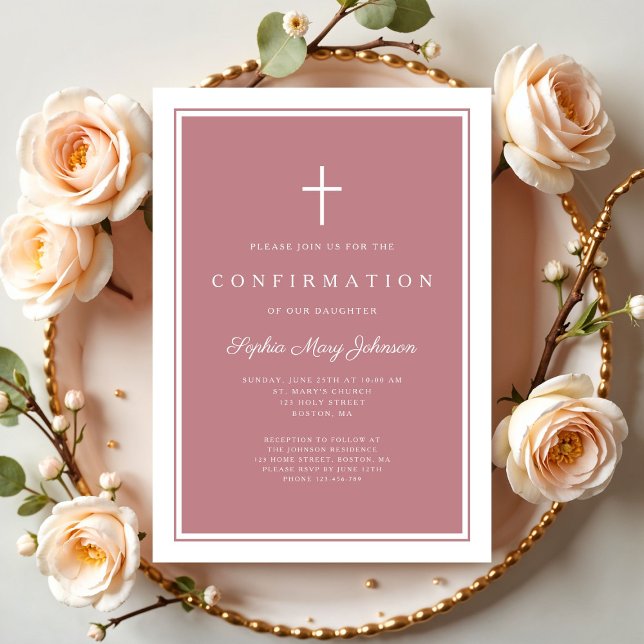 Invitation Confirmation Moderne Fille Croix Rose Poussiéreuse (Modern Dusty Pink Cross Girl Confirmation Invitation)